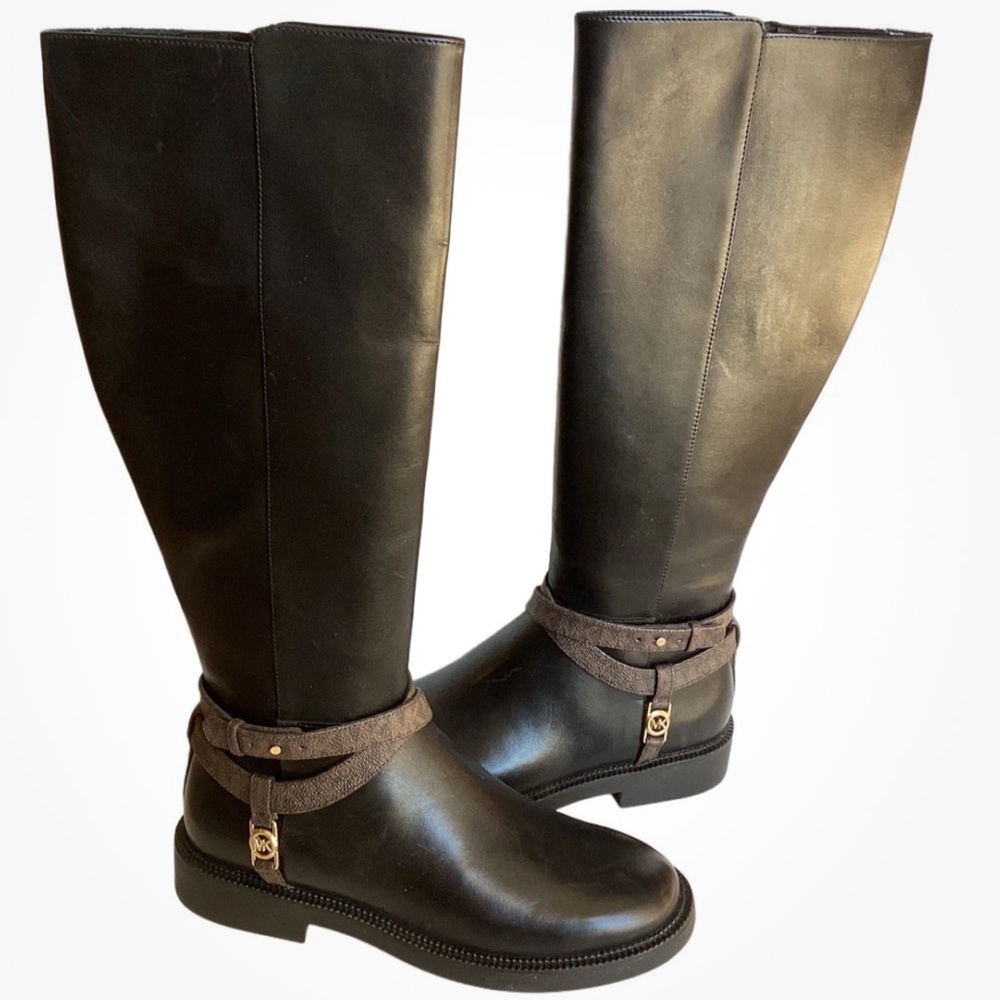 MICHAEL Michael Kors Womens Riding Boots Leather Abigail Black Brown Gold 6 1/2